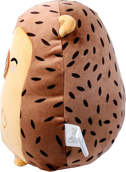 Plush toy resembling a hedgehog with brown back and beige face on a white background
