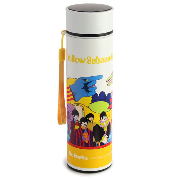 Thermos bottle with 'Yellow Submarine' design featuring The Beatles on a white background