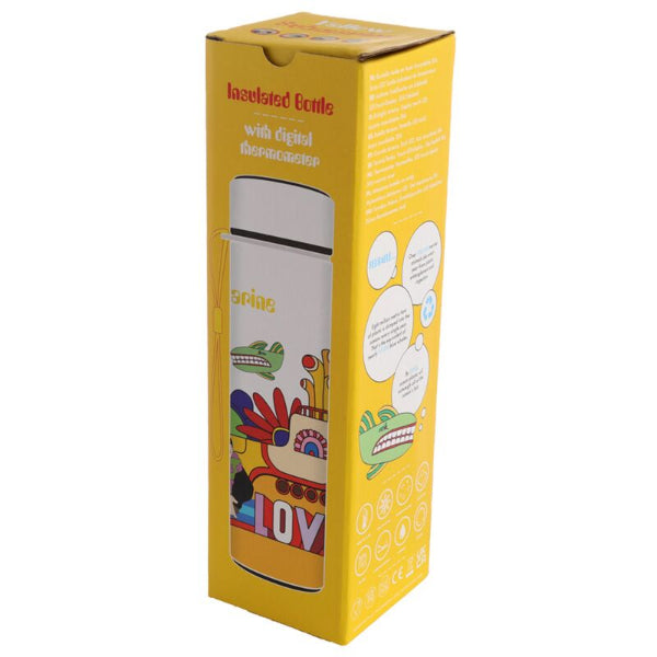 Yellow box packaging for a colorful insulated bottle with cartoon design