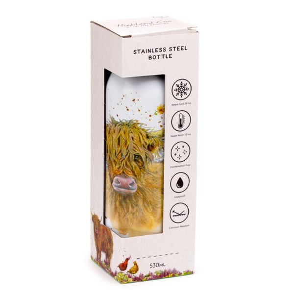 Stainless steel bottle with highland cow design in packaging on a white background