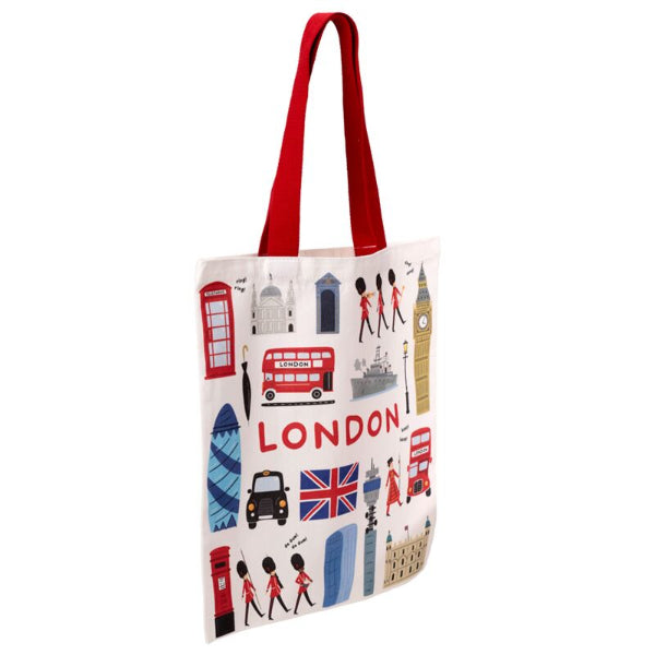 Tote bag with London-themed illustrations on a white background