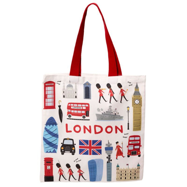 Tote bag with London-themed illustrations on a white background