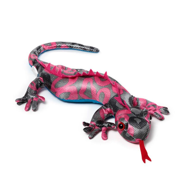 Plush toy lizard with pink and black pattern on a white background