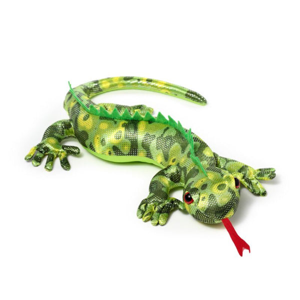Green and yellow toy lizard on a white background