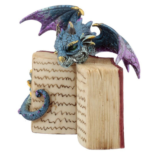 Decorative figurine of a dragon on top of an open book with detailed wings and eyes.