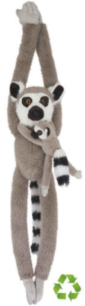 A plush toy of a ring-tailed lemur holding a smaller baby lemur, featuring long arms and legs, on a white background with a green recycling symbol in the bottom right corner.