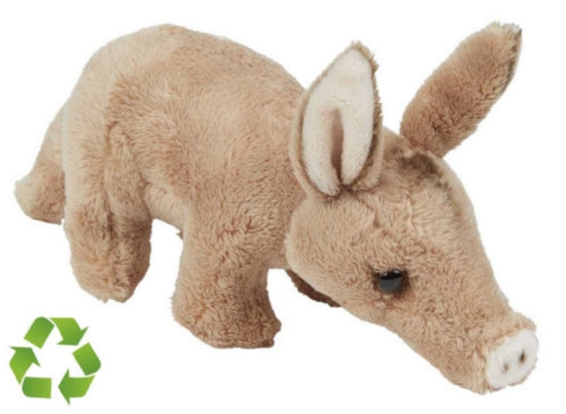 Plush toy donkey with a recycling symbol on a white background