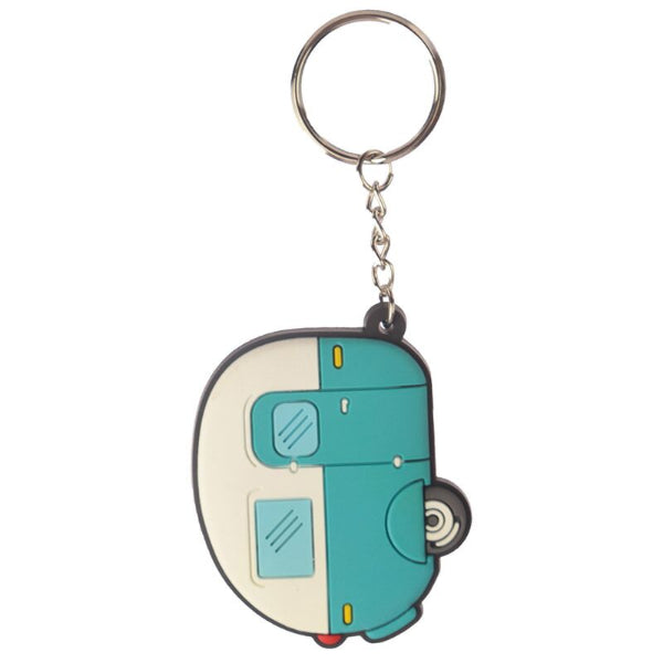 Keychain shaped like a retro camper on a white background