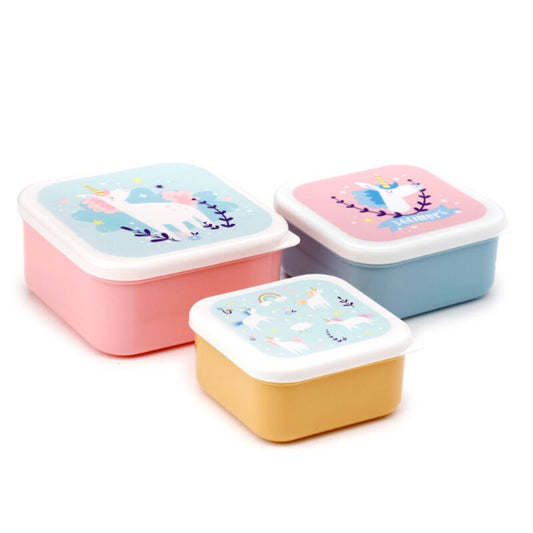 Three colorful snack boxes with unicorn designs on a white background