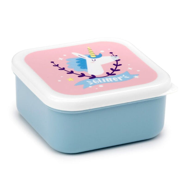 Children's snack box with unicorn design on a pink lid