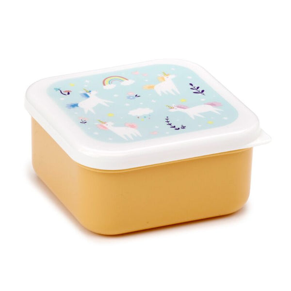 Yellow snack box with unicorn design on a white background