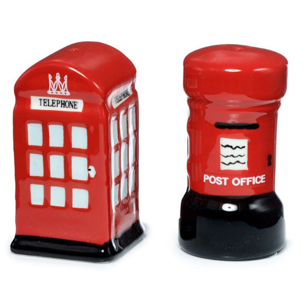 Red telephone booth and post box salt and pepper shakers on a white background
