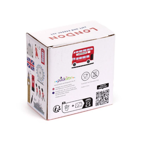 Cardboard box with London-themed graphics and text on a white background