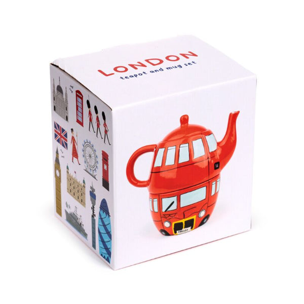 Red teapot-shaped mug with 'London' text on a white box