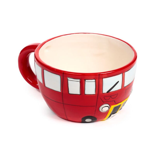Red bus-shaped mug on a white background.