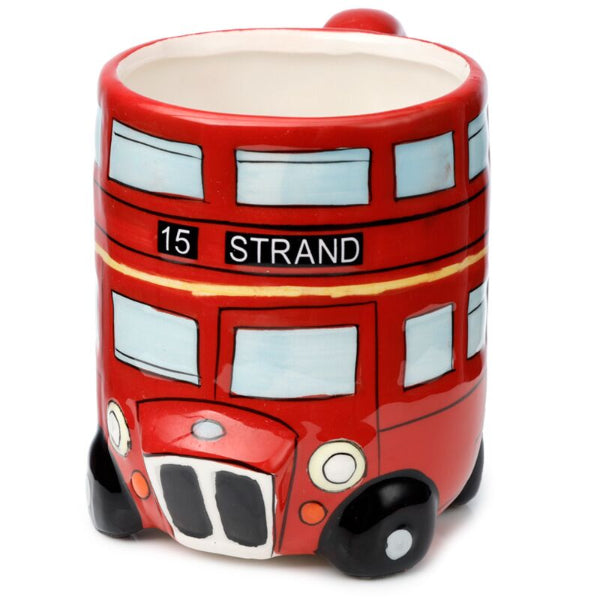 Red double-decker bus-shaped mug on a white background