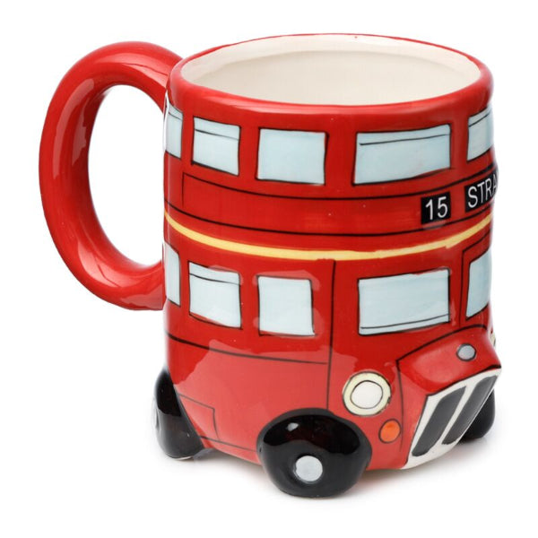Red double-decker bus mug on a white background
