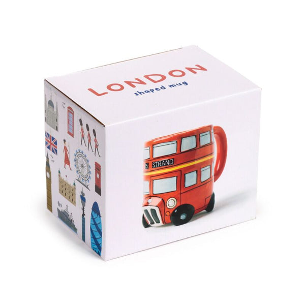 Boxed London-themed mug with red double-decker bus design on a white background