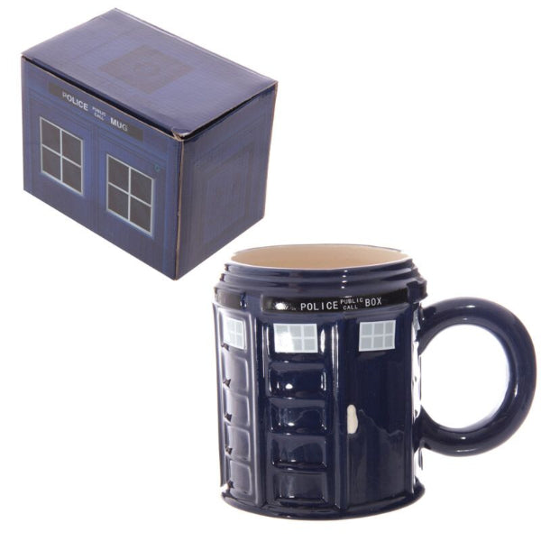 Navy blue TARDIS mug with matching box on a white background