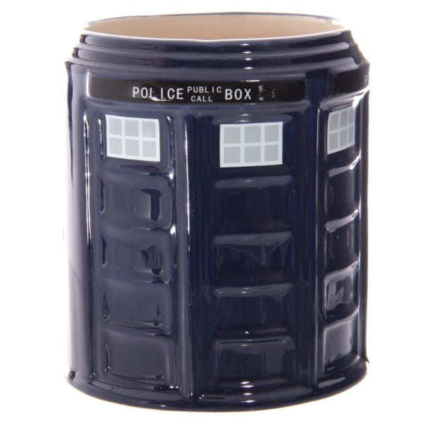 Navy blue TARDIS mug with 'Police Public Call Box' text on a white background