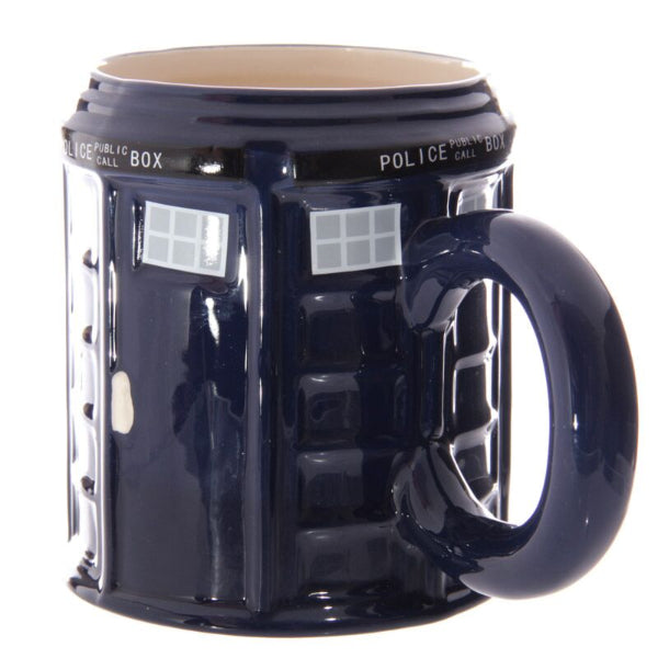 Navy blue mug designed like a police call box on a white background