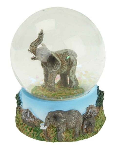 Glowing elephant snow globe with a base featuring additional elephants.