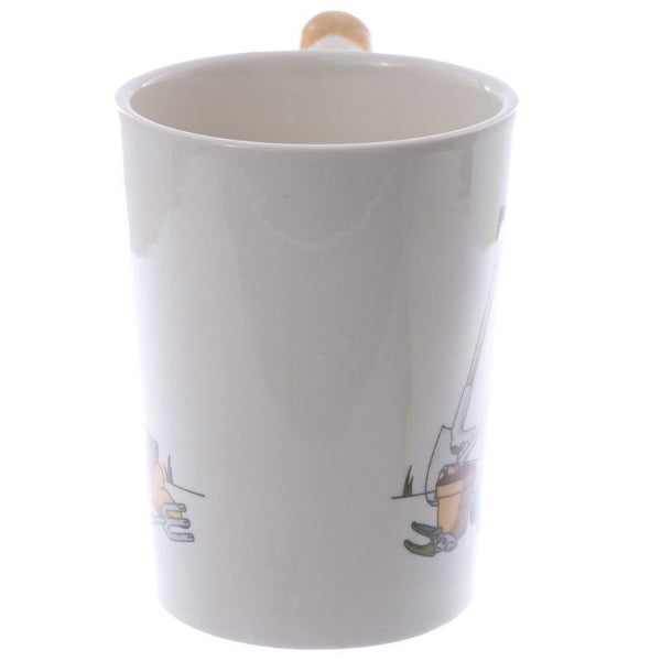 White mug with cartoon character design on a white background