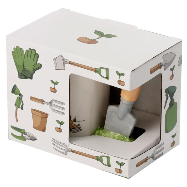 Gardening tool set in a decorative box with gardening-themed illustrations on a white background