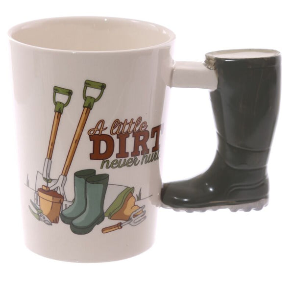 White mug with gardening-themed design and a gray boot handle on a white background