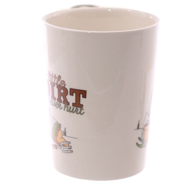 White mug with text and illustrations on a white background
