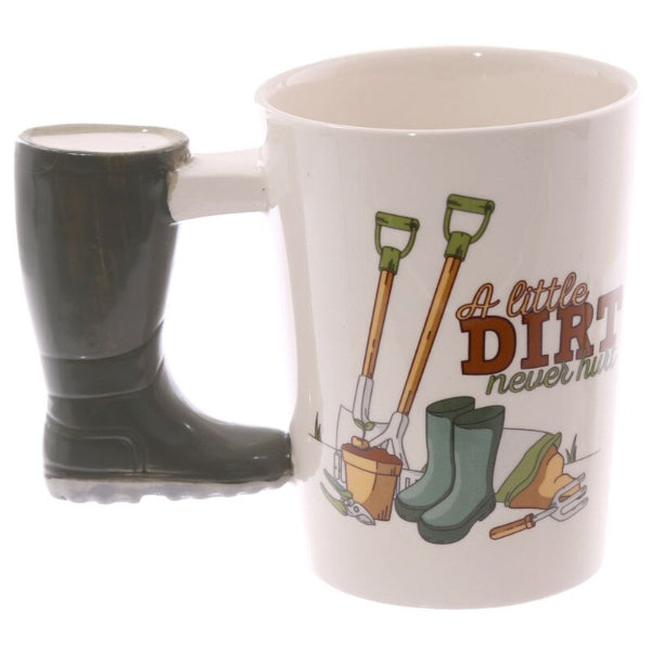 White mug with gardening-themed design and black rubber boot handle on a white background