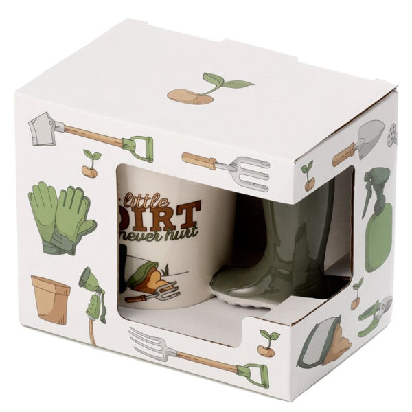 Gardening-themed mug and boot set in a decorative box with gardening illustrations.