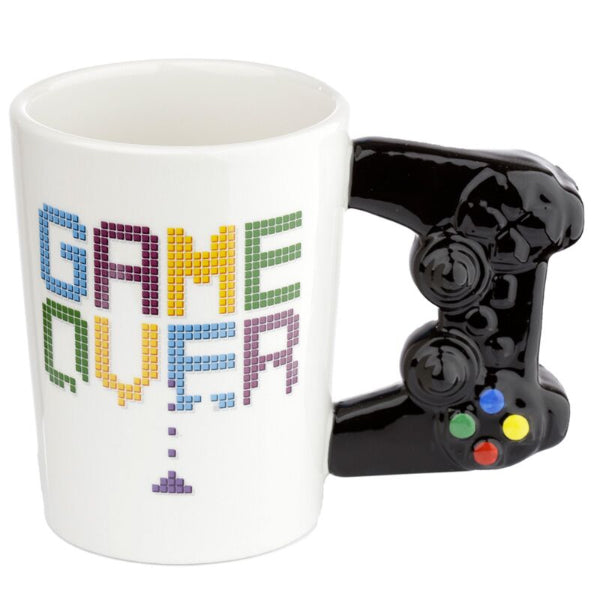 Mug with game controller handle featuring 'GAME OVER' text in pixel art style.