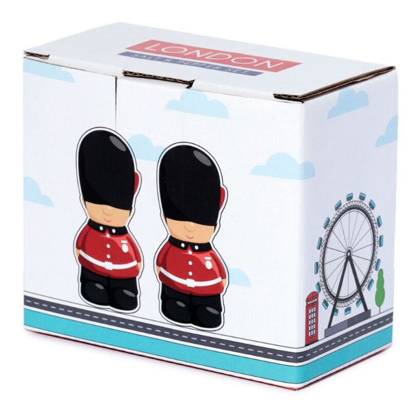 Box with cartoon characters in London-themed packaging
