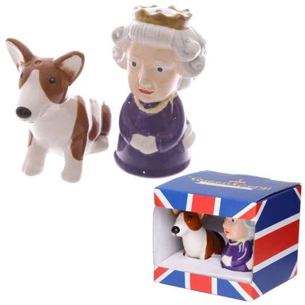 Salt and pepper shakers shaped like a dog and a person in a purple outfit, with a Union Jack box.