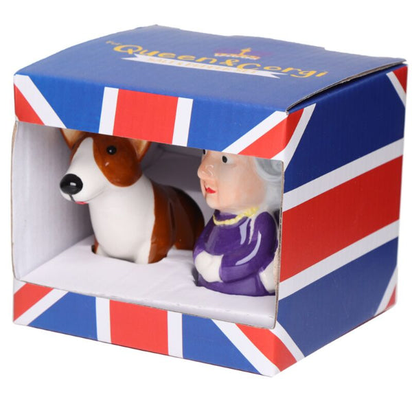 Salt and pepper shakers shaped like a dog and a person in a purple outfit, displayed in a box with a Union Jack design.