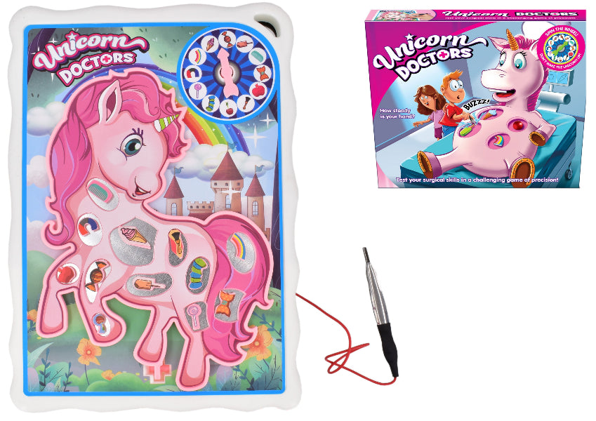Unicorn Doctors toy set featuring a pink unicorn board game with a rainbow and castle illustration, a matching retail box, and a black-and-red surgical tool on a white background.