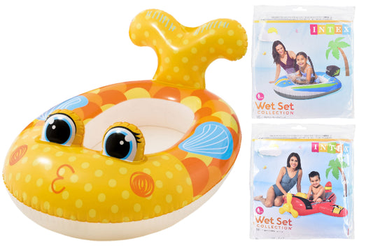 An inflatable pool float shaped like a cartoon fish or sea creature in yellow, orange, and white, shown alongside two retail packages from Intex Wet Set Collection.