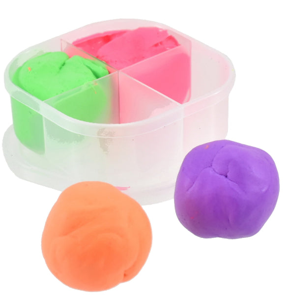 Colorful play dough balls with a clear container on a white background