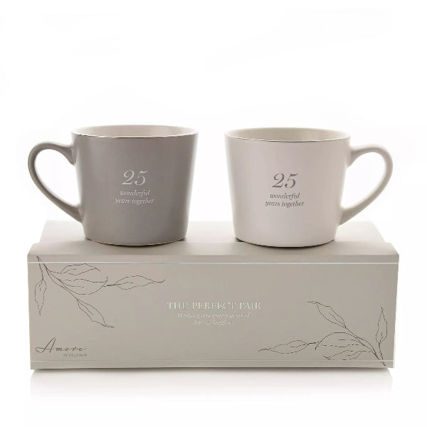 Two gray mugs with '25 wonderful years together' text on a matching box, featuring the brand 'Amore'.