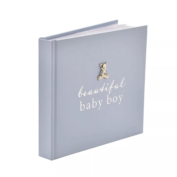 Album for baby boy with 'beautiful baby boy' text and teddy bear on a white background