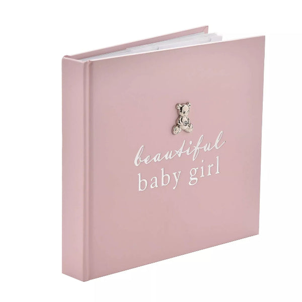 Pink photo album with 'beautiful baby girl' text and teddy bear design on a white background
