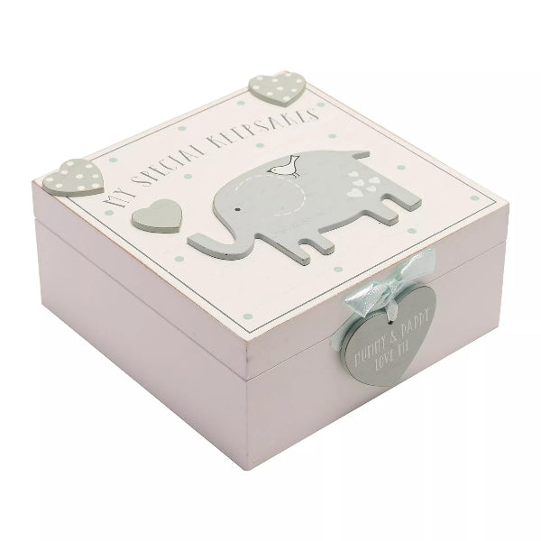 Decorative box with elephant and heart designs on a white background