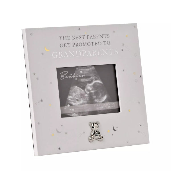 Photo frame with text 'The best parents get promoted to grandparents' and an ultrasound picture of a baby.