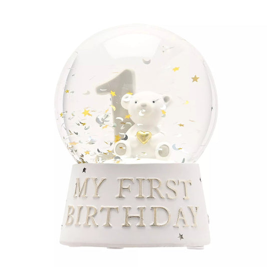 Glowing snow globe with a bear and number '1' inside, on a white base with 'My First Birthday' text.