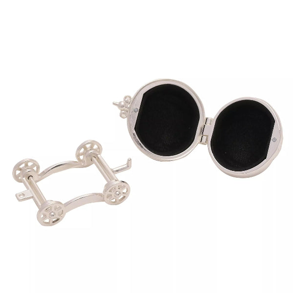Silver equestrian-themed jewelry box with black interior on a white background
