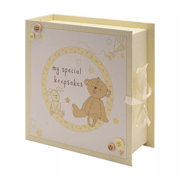 Baby memory book with teddy bear illustration and text 'my special keepsakes' on a white background