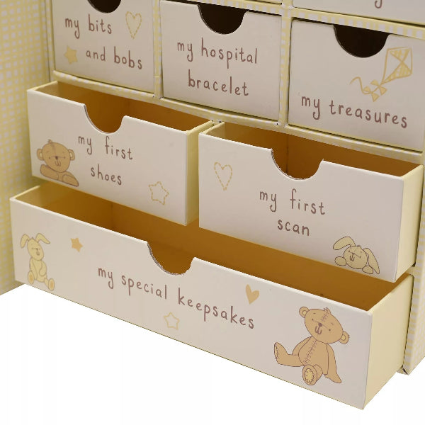 Set of storage boxes with baby-themed labels and illustrations on a white background