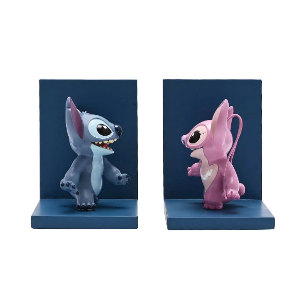 Two cartoon character bookends, one blue and one pink, on a white background.