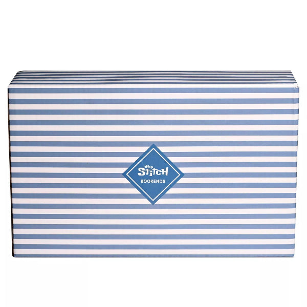 Blue and white striped box with 'Disney Stitch Bookends' logo on a white background